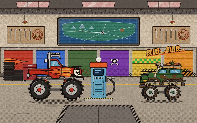 In the quiet Garage at dawn, Big Stomp has his fuel-up at the pump while Mudslide snores in his bay