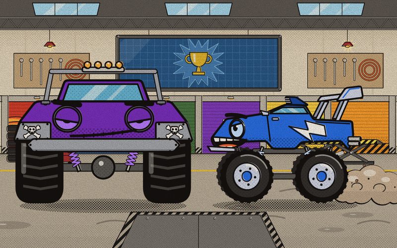 Nitro screeches to a stop in front of Smash in the Garage, talking fast, while Smash gives him a flat look