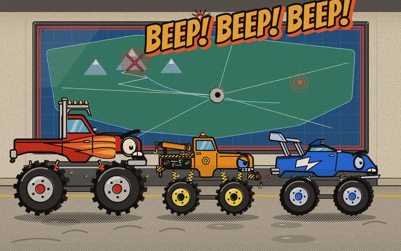 The Command Screen flashes red with a map of Mud Mountain while Big Stomp, Torque and Nitro stare up at it