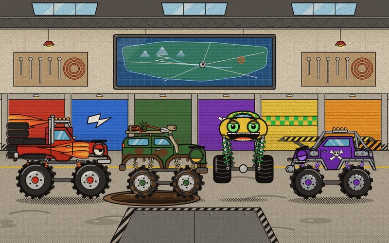 The morning after Opening Night, Big Stomp dozes in the Garage, Mudslide sits in his puddle of mud, and Bounce tells the story of his triple backflip again