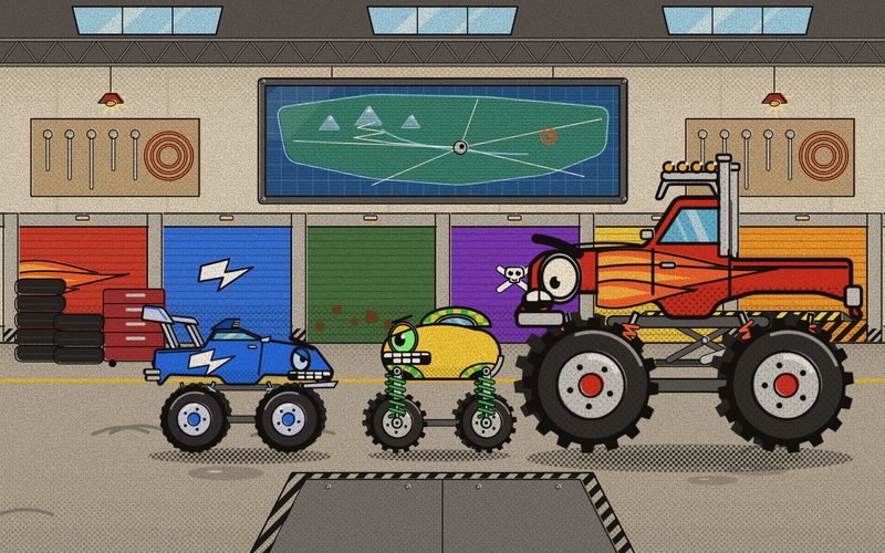 Nitro and Bounce glare at each other nose to nose in the Garage while Big Stomp, just awake, looms up behind them