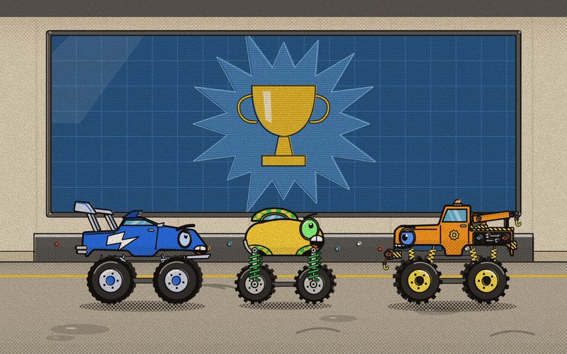 The giant Command Screen flashes a trophy, and Nitro and Bounce stare up at it with exactly the same wide-eyed look while Torque smiles