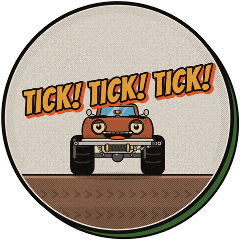 Rusty, the old monster truck, grins while his engine goes tick, tick, tick