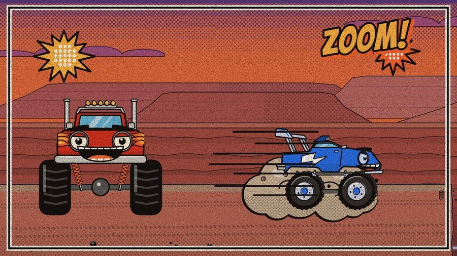 A show poster at Canyon Ridge: Big Stomp laughs as Nitro zooms off down the open road in a cloud of dust. ZOOM!